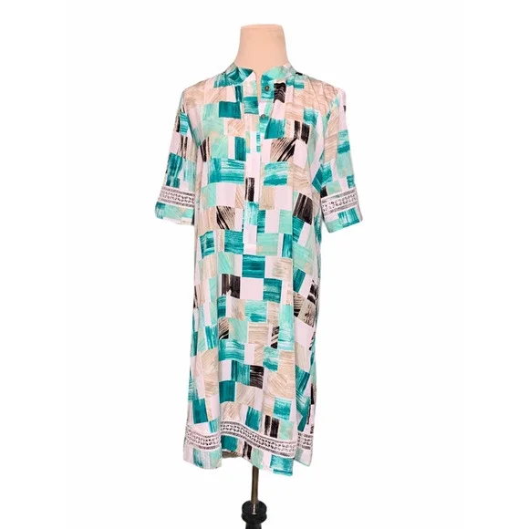 Alfani | Dresses | Alfani Abstract Print Short Sleeve Crochet Detail Shirt  Dress Size 2 | Poshmark